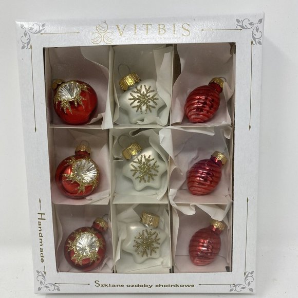 Boxed Set of 9 Vitbis Handmade in Poland Glass Ornaments Red Silver White Gold - Picture 3 of 8
